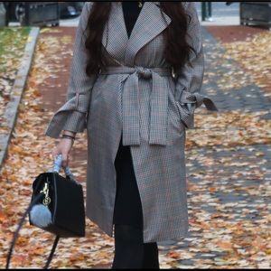 Topshop Plaid Trench Coat - Gray and Brown